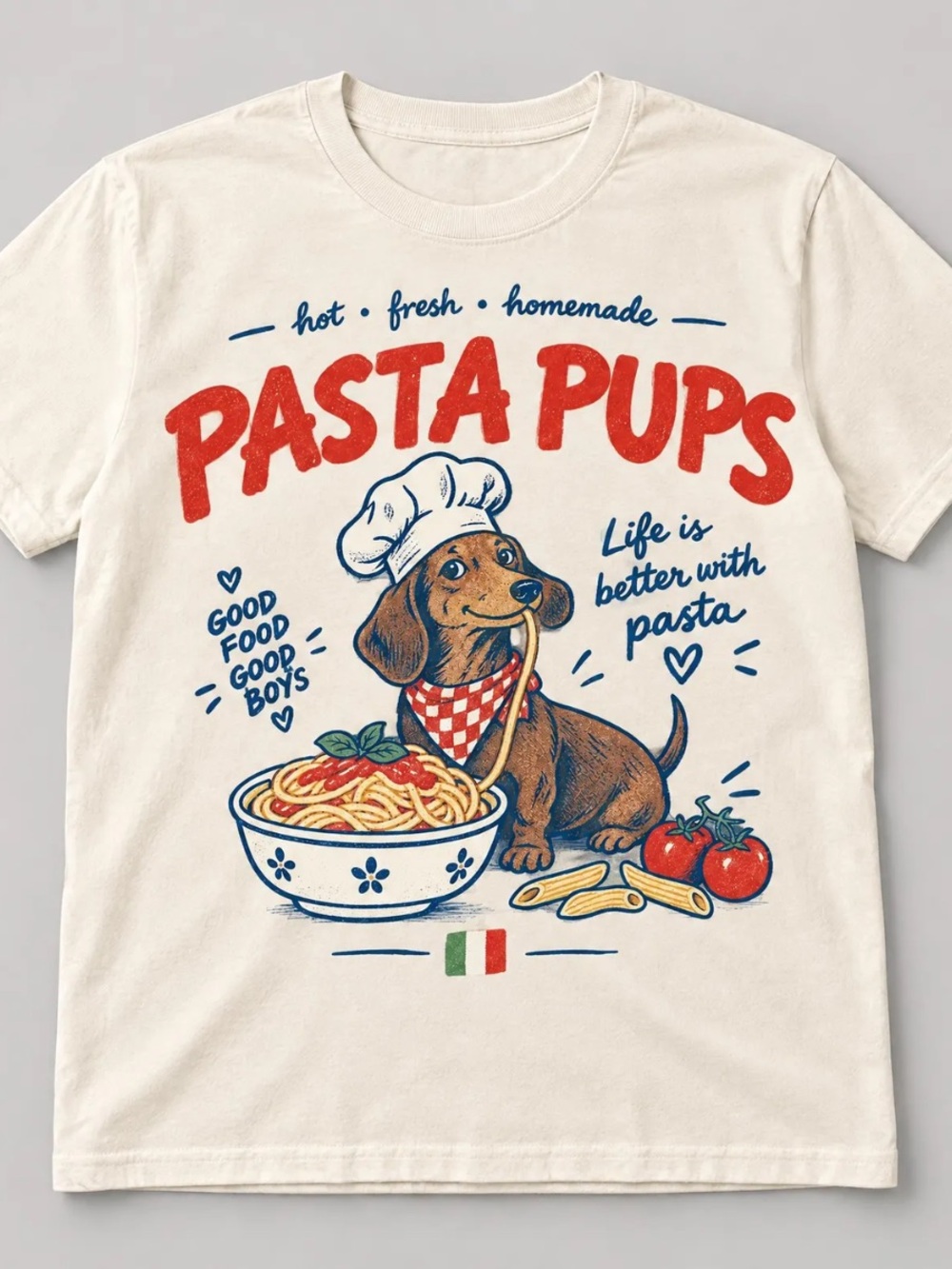 Off White T-Shirt with Red & Blue Pasta Pups Graphic